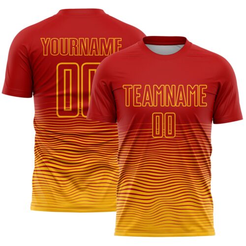 Custom Red Gold Gradient Wave Line Sports Sublimation Soccer Uniform Jersey