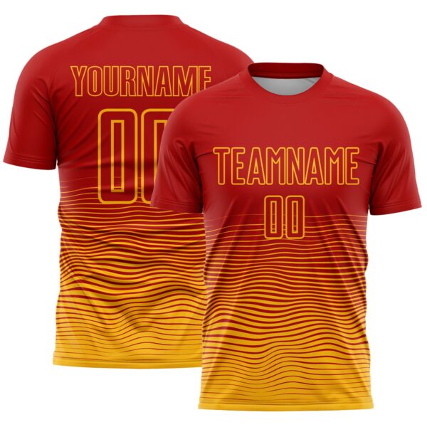Custom Red Gold Gradient Wave Line Sports Sublimation Soccer Uniform Jersey