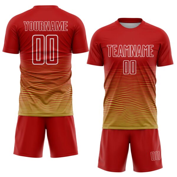 Custom Red White-Old Gold Gradient Wave Line Sports Sublimation Soccer Uniform Jersey
