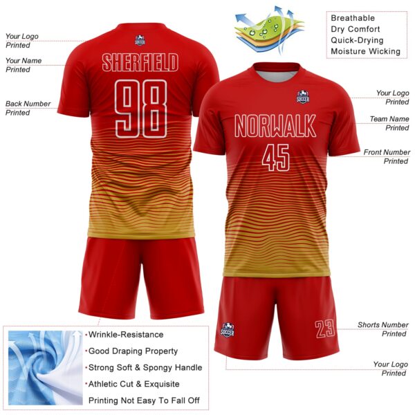 Custom Red White-Old Gold Gradient Wave Line Sports Sublimation Soccer Uniform Jersey