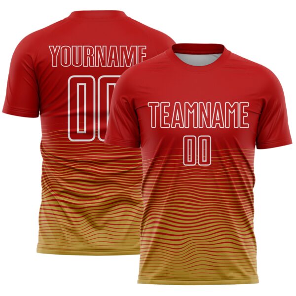 Custom Red White-Old Gold Gradient Wave Line Sports Sublimation Soccer Uniform Jersey
