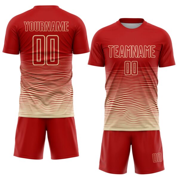 Custom Red Cream Gradient Wave Line Sports Sublimation Soccer Uniform Jersey