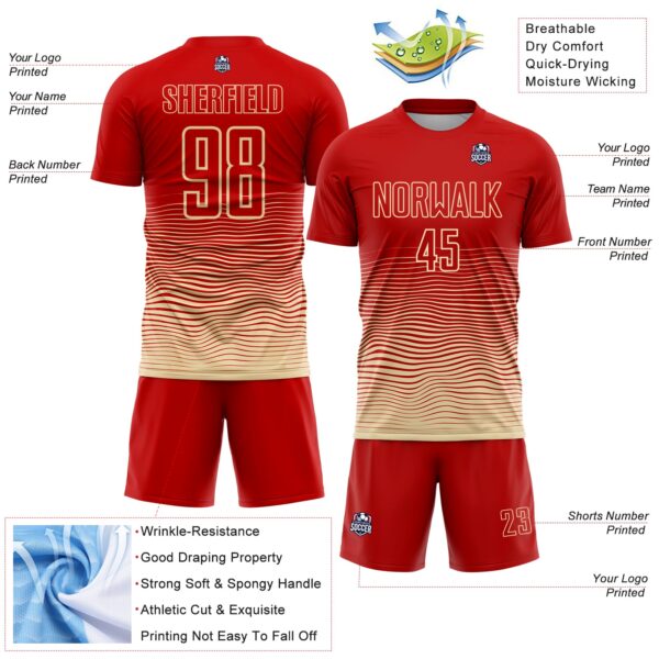 Custom Red Cream Gradient Wave Line Sports Sublimation Soccer Uniform Jersey