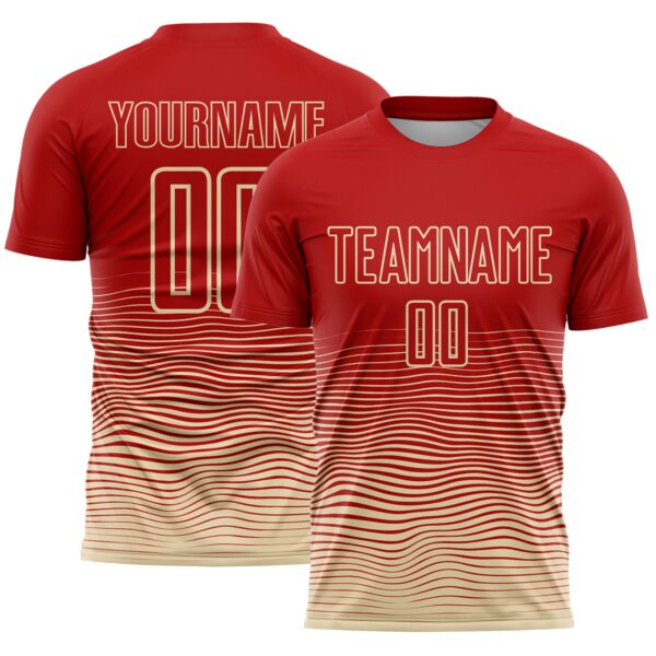 Custom Red Cream Gradient Wave Line Sports Sublimation Soccer Uniform Jersey