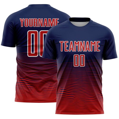 Custom Navy Red-White Gradient Wave Line Sports Sublimation Soccer Uniform Jersey