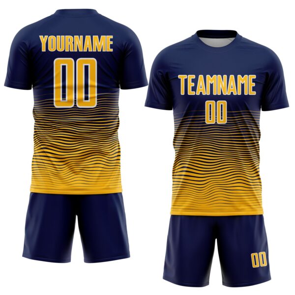 Custom Navy Gold-White Gradient Wave Line Sports Sublimation Soccer Uniform Jersey