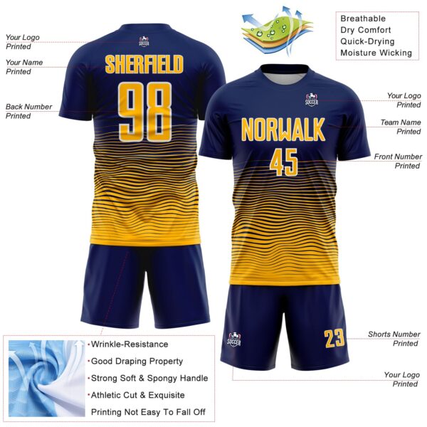 Custom Navy Gold-White Gradient Wave Line Sports Sublimation Soccer Uniform Jersey