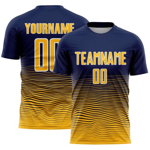Custom Navy Gold-White Gradient Wave Line Sports Sublimation Soccer Uniform Jersey