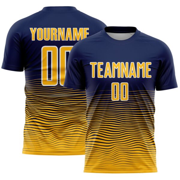 Custom Navy Gold-White Gradient Wave Line Sports Sublimation Soccer Uniform Jersey