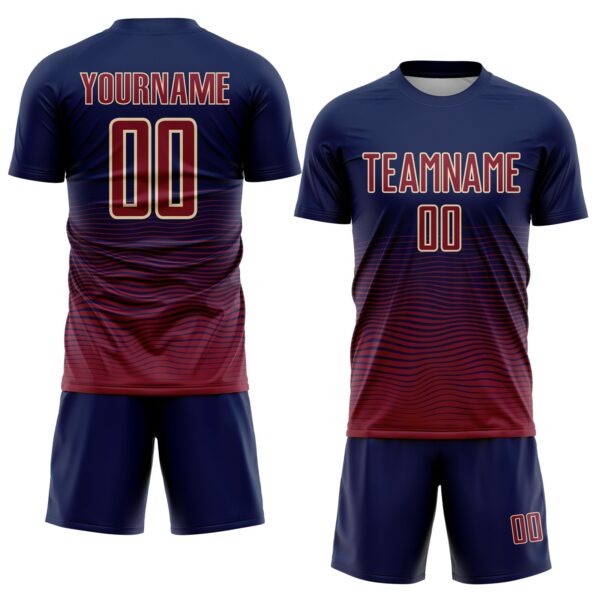 Custom Navy Crimson-Cream Gradient Wave Line Sports Sublimation Soccer Uniform Jersey