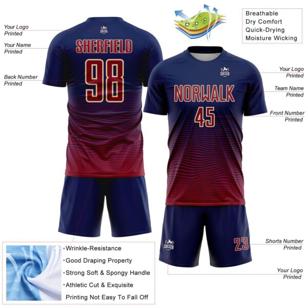 Custom Navy Crimson-Cream Gradient Wave Line Sports Sublimation Soccer Uniform Jersey