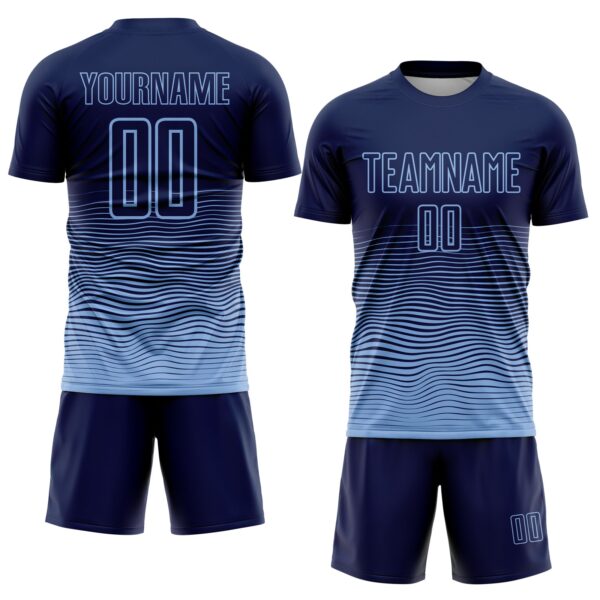 Custom Navy Light Blue Gradient Wave Line Sports Sublimation Soccer Uniform Jersey