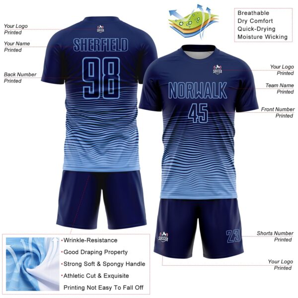 Custom Navy Light Blue Gradient Wave Line Sports Sublimation Soccer Uniform Jersey
