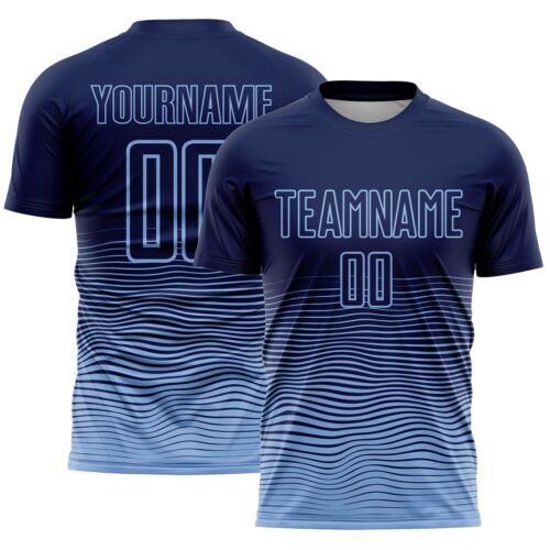 Custom Navy Light Blue Gradient Wave Line Sports Sublimation Soccer Uniform Jersey