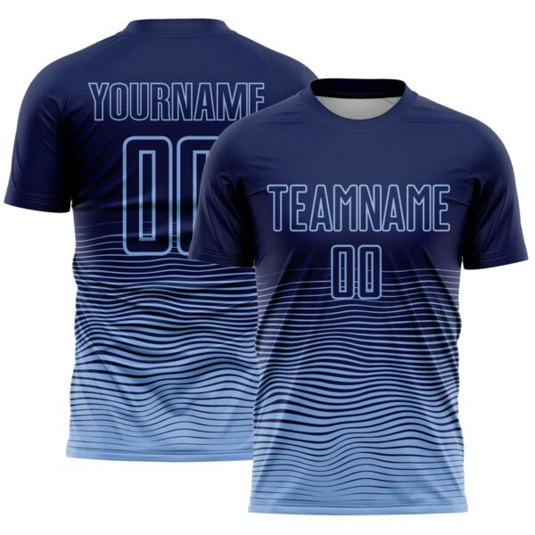 Custom Navy Light Blue Gradient Wave Line Sports Sublimation Soccer Uniform Jersey