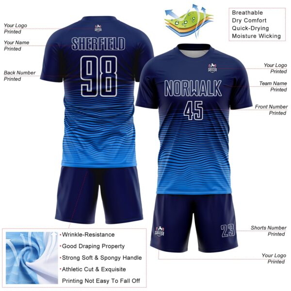 Custom Navy White-Powder Blue Gradient Wave Line Sports Sublimation Soccer Uniform Jersey