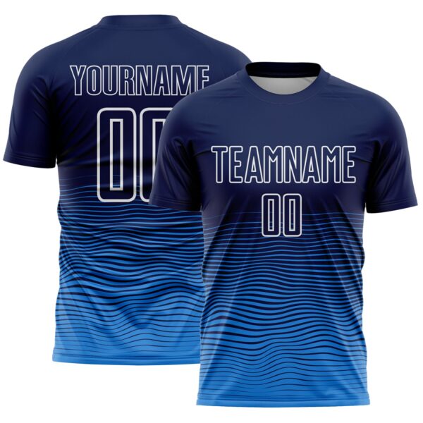 Custom Navy White-Powder Blue Gradient Wave Line Sports Sublimation Soccer Uniform Jersey