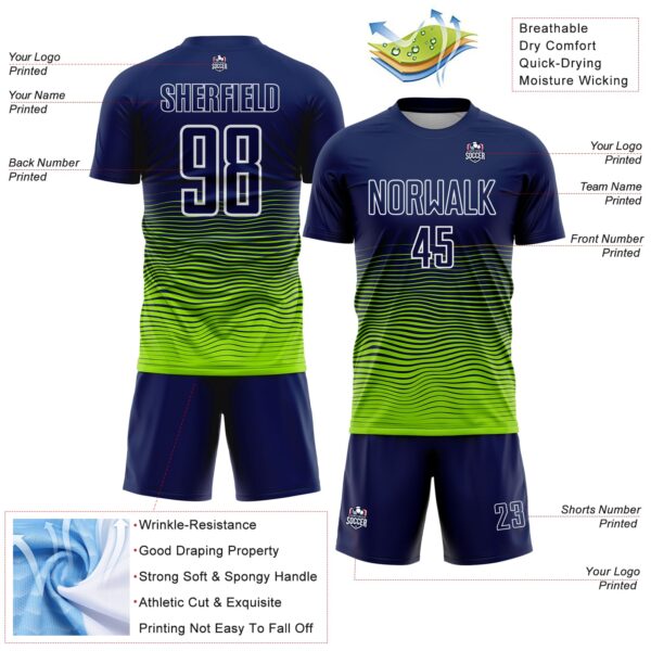 Custom Navy White-Neon Green Gradient Wave Line Sports Sublimation Soccer Uniform Jersey