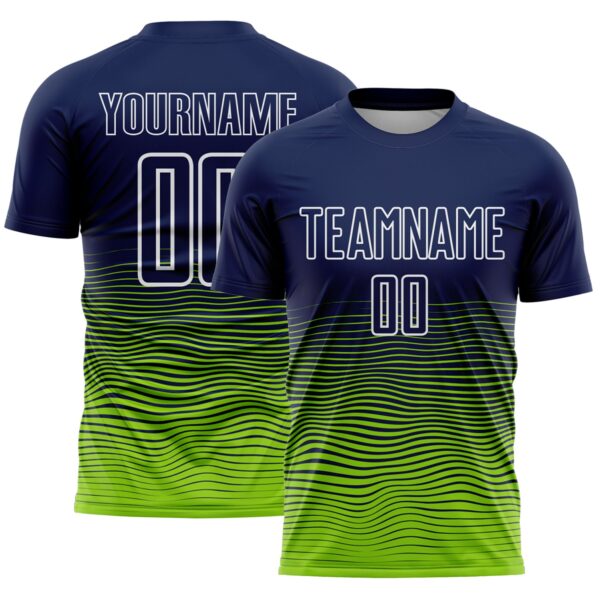 Custom Navy White-Neon Green Gradient Wave Line Sports Sublimation Soccer Uniform Jersey