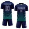 Custom Navy White-Teal Gradient Wave Line Sports Sublimation Soccer Uniform Jersey