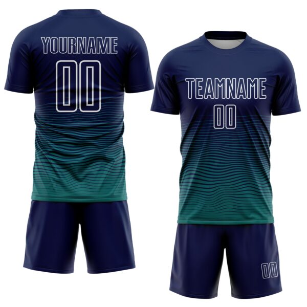 Custom Navy White-Teal Gradient Wave Line Sports Sublimation Soccer Uniform Jersey