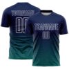 Custom Navy White-Teal Gradient Wave Line Sports Sublimation Soccer Uniform Jersey