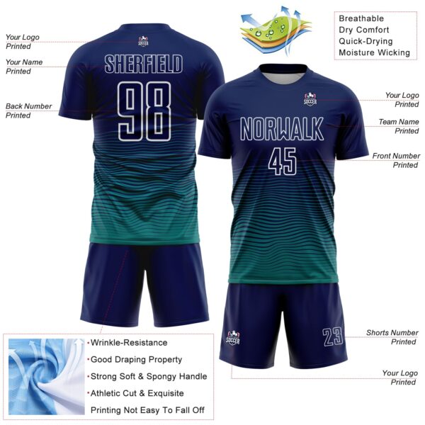 Custom Navy White-Teal Gradient Wave Line Sports Sublimation Soccer Uniform Jersey