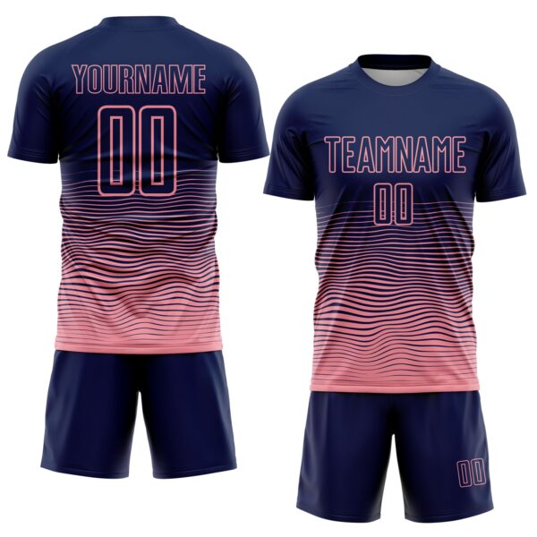 Custom Navy Medium Pink Gradient Wave Line Sports Sublimation Soccer Uniform Jersey