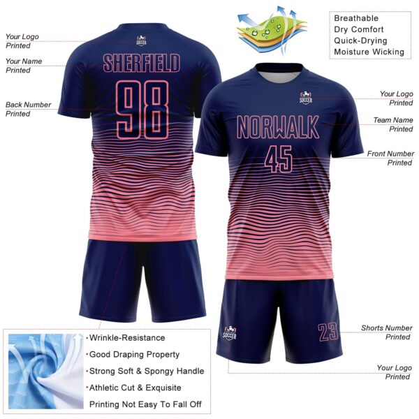 Custom Navy Medium Pink Gradient Wave Line Sports Sublimation Soccer Uniform Jersey
