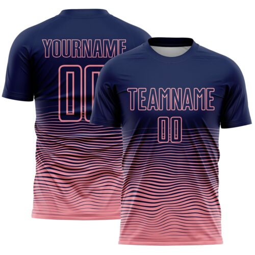 Custom Navy Medium Pink Gradient Wave Line Sports Sublimation Soccer Uniform Jersey