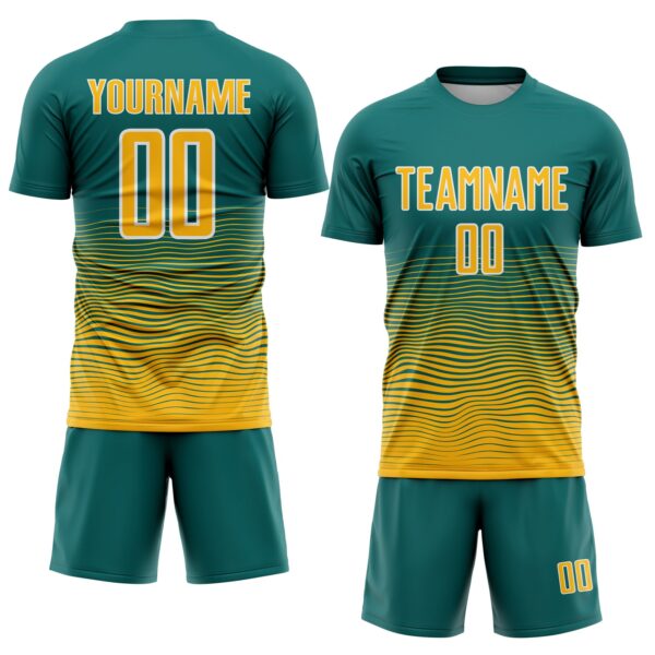 Custom Teal Gold-White Gradient Wave Line Sports Sublimation Soccer Uniform Jersey