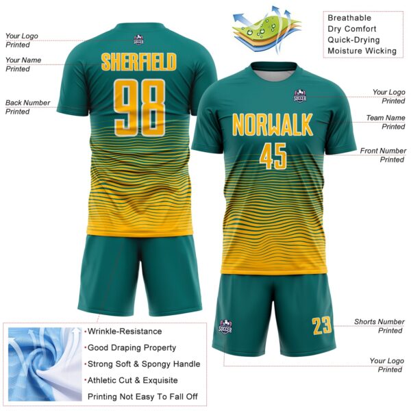 Custom Teal Gold-White Gradient Wave Line Sports Sublimation Soccer Uniform Jersey