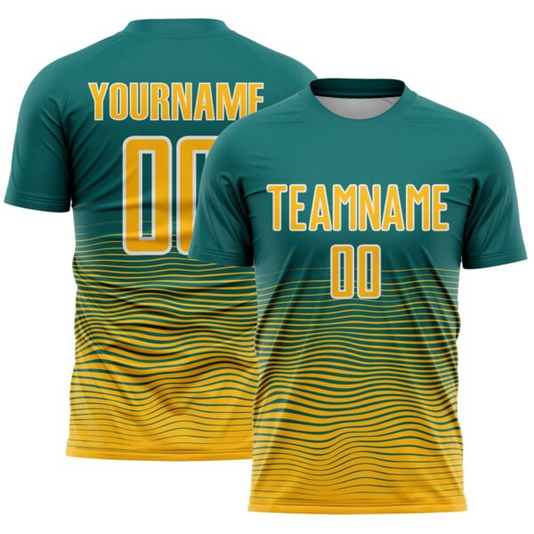 Custom Teal Gold-White Gradient Wave Line Sports Sublimation Soccer Uniform Jersey