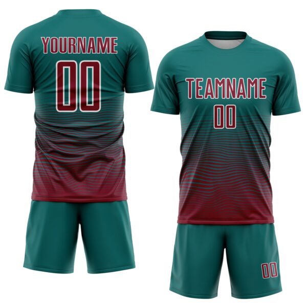Custom Teal Crimson-White Gradient Wave Line Sports Sublimation Soccer Uniform Jersey