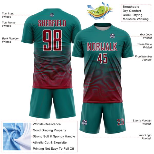 Custom Teal Crimson-White Gradient Wave Line Sports Sublimation Soccer Uniform Jersey