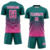Custom Teal Pink-White Gradient Wave Line Sports Sublimation Soccer Uniform Jersey