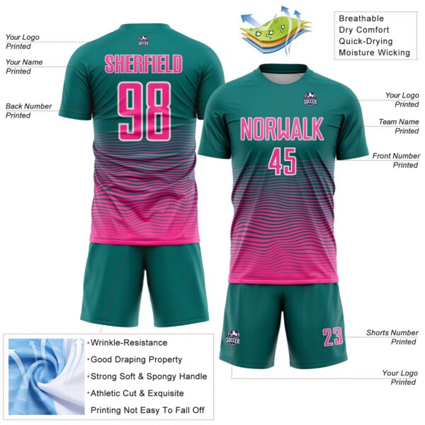 Custom Teal Pink-White Gradient Wave Line Sports Sublimation Soccer Uniform Jersey