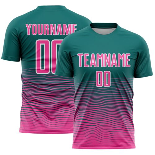 Custom Teal Pink-White Gradient Wave Line Sports Sublimation Soccer Uniform Jersey