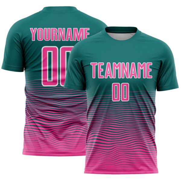 Custom Teal Pink-White Gradient Wave Line Sports Sublimation Soccer Uniform Jersey