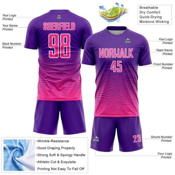 Custom Purple Pink-White Gradient Wave Line Sports Sublimation Soccer Uniform Jersey