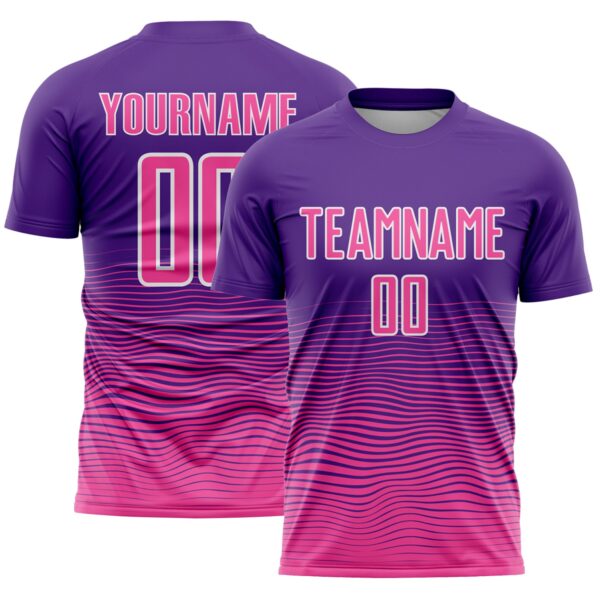 Custom Purple Pink-White Gradient Wave Line Sports Sublimation Soccer Uniform Jersey