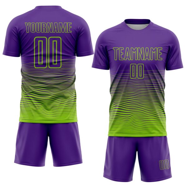 Custom Purple Neon Green Gradient Wave Line Sports Sublimation Soccer Uniform Jersey