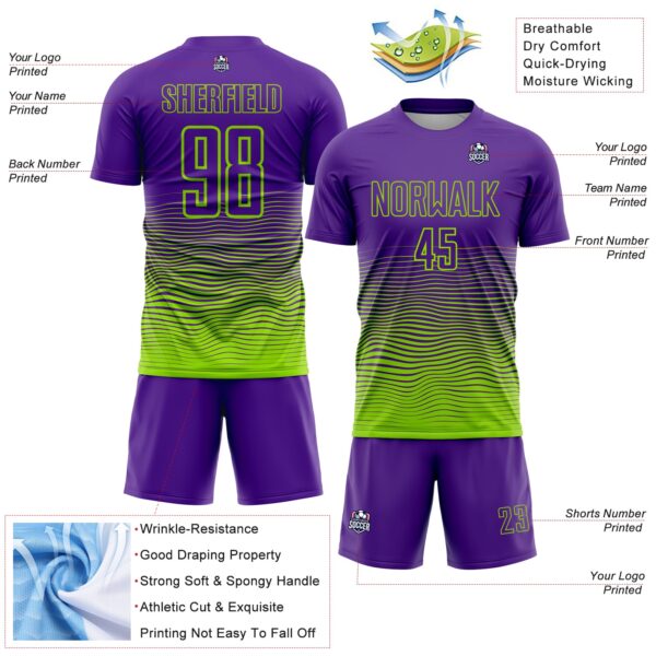 Custom Purple Neon Green Gradient Wave Line Sports Sublimation Soccer Uniform Jersey