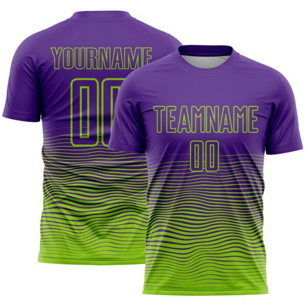 Custom Purple Neon Green Gradient Wave Line Sports Sublimation Soccer Uniform Jersey