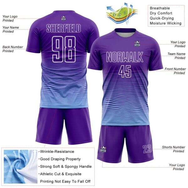 Custom Purple White-Light Blue Gradient Wave Line Sports Sublimation Soccer Uniform Jersey