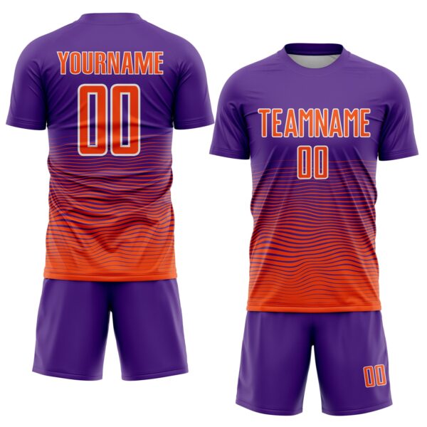 Custom Purple Orange-White Gradient Wave Line Sports Sublimation Soccer Uniform Jersey