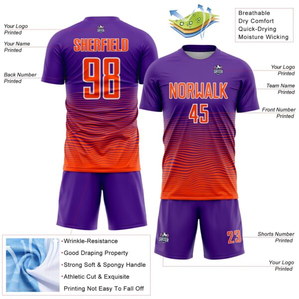Custom Purple Orange-White Gradient Wave Line Sports Sublimation Soccer Uniform Jersey