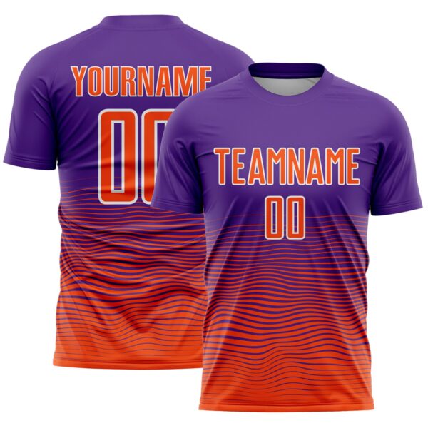 Custom Purple Orange-White Gradient Wave Line Sports Sublimation Soccer Uniform Jersey