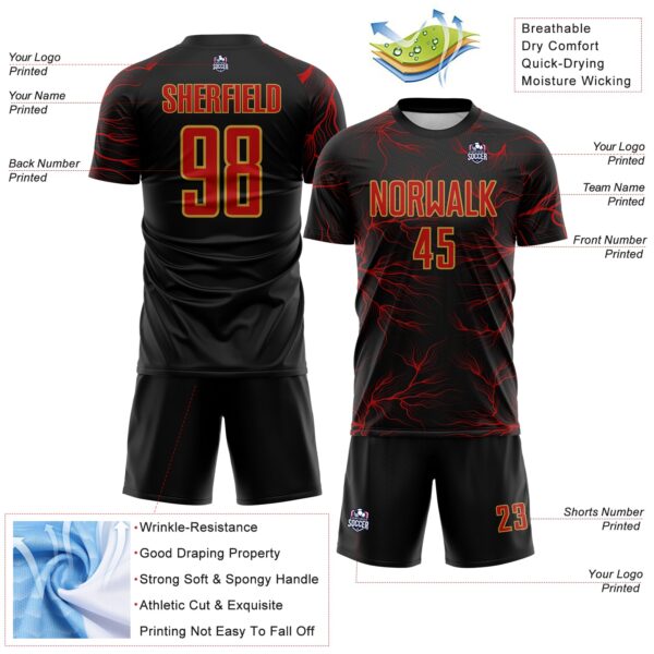 Custom Black Red-Old Gold Lightning Electric Veins Sublimation Soccer Uniform Jersey