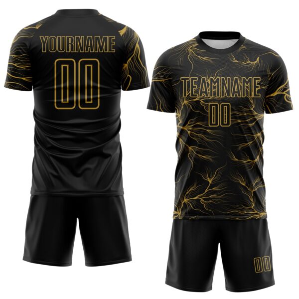 Custom Black Old Gold Lightning Electric Veins Sublimation Soccer Uniform Jersey
